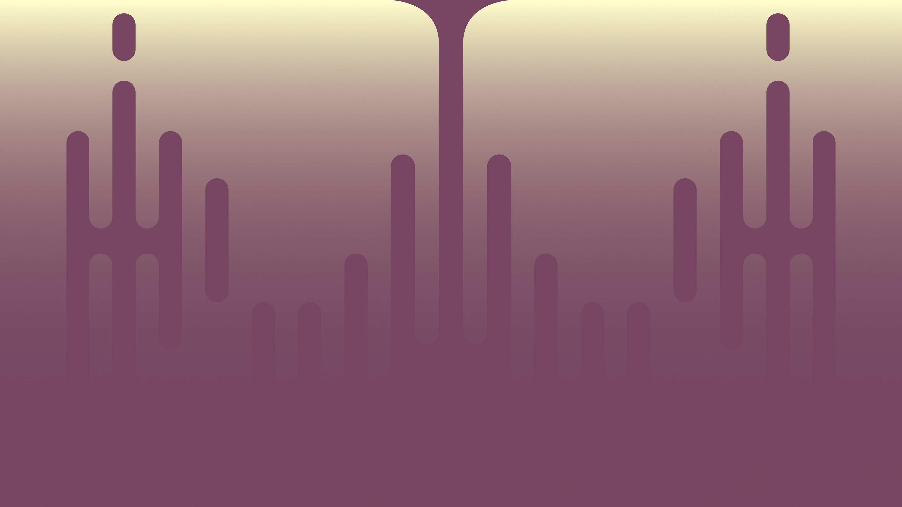 Abstract art in purple and yellow. A gradient flows from yellowm at the top, down to purple at the bottom. Various rounded purple rectangles stand vertically in the space, melting into the background near the bottom, and appearing with striking contrast near the top.